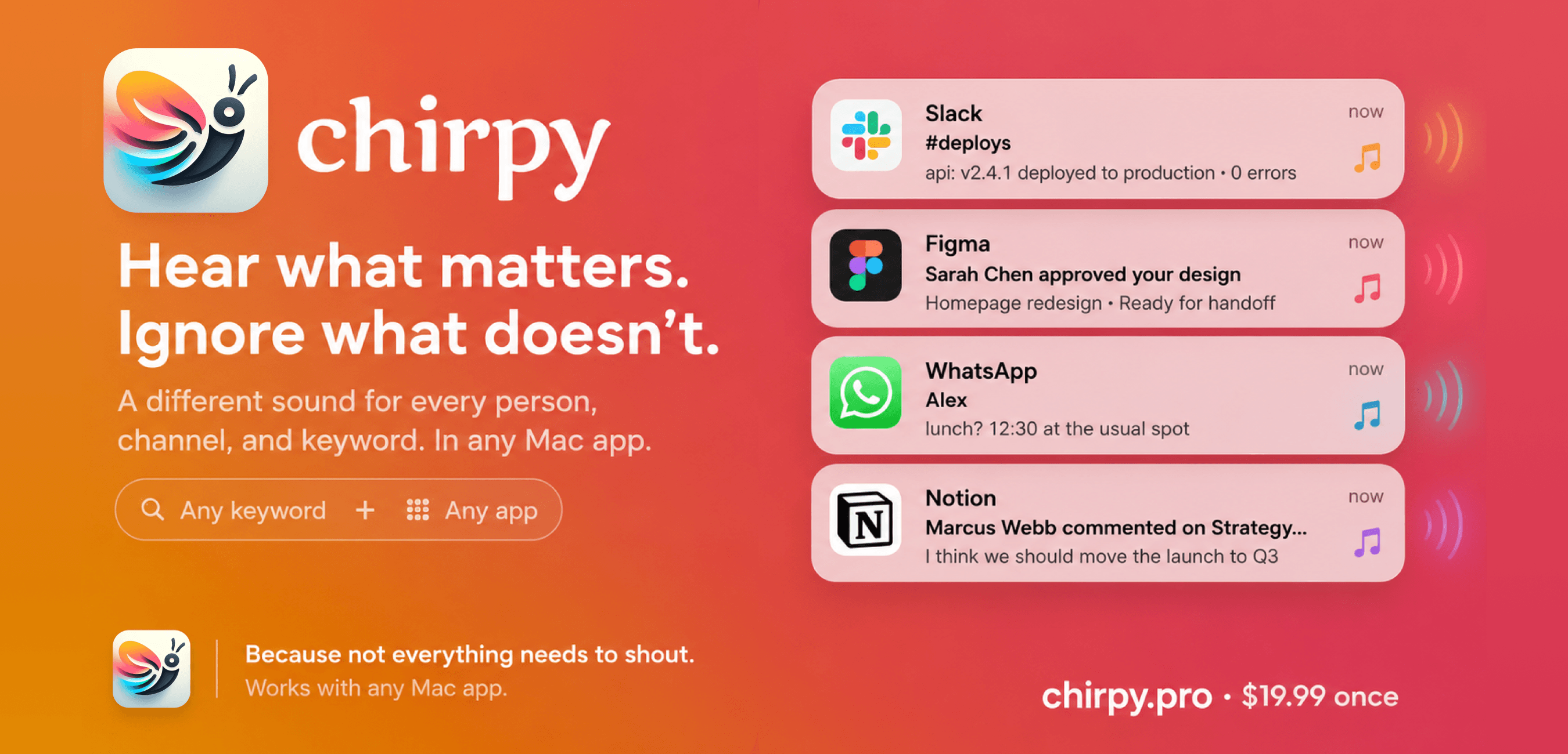 Chirpy social card: custom notification sounds for Slack, Teams, and any Mac app